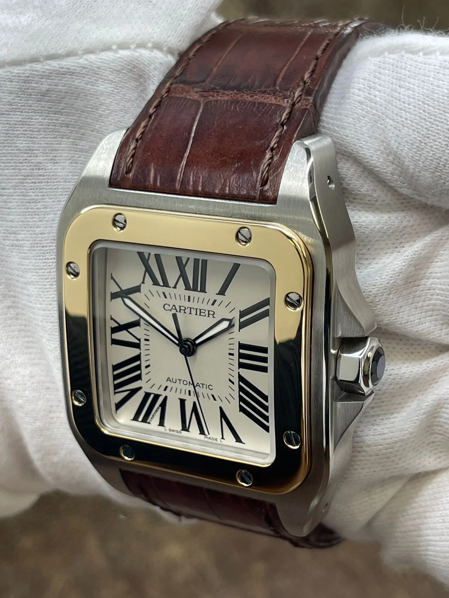 Cartier Santos 100 XL 18K Gold Bezel 2656 White Dial Automatic Men's Watch