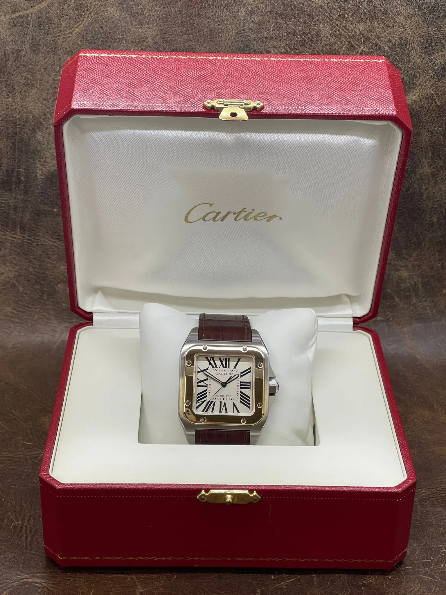 Cartier Santos 100 XL 18K Gold Bezel 2656 White Dial Automatic Men's Watch