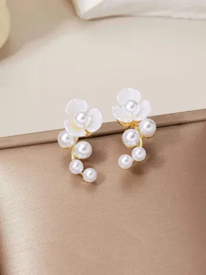 Carved Seashell 925 Silver Post Ear Climbers Earrings, White Pearl Boho Wedding Bridal Hawaii Flower Ear Climber Stud Earrings