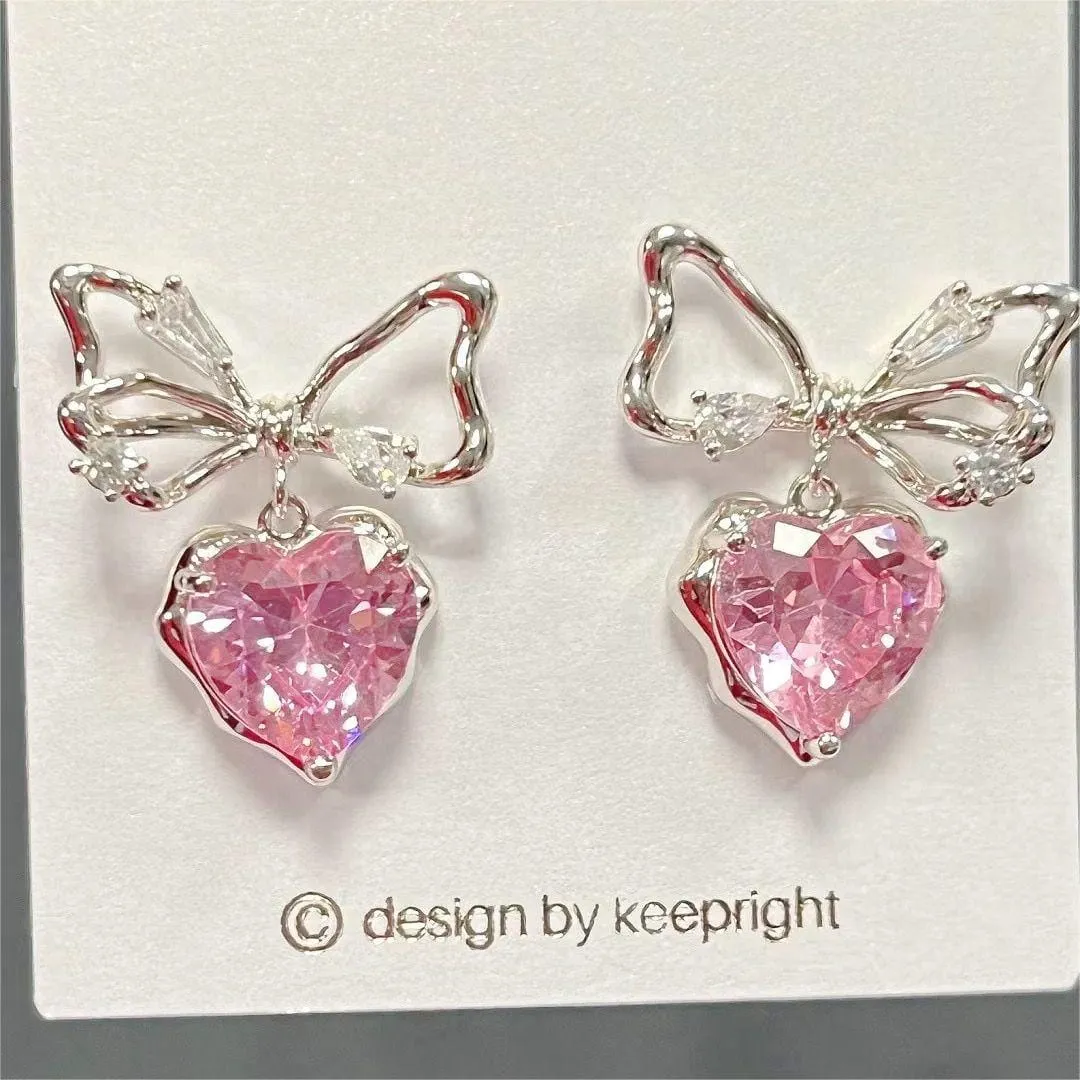 Chic CZ Inlaid Crystal Bowknot Heart Dangle Earrings