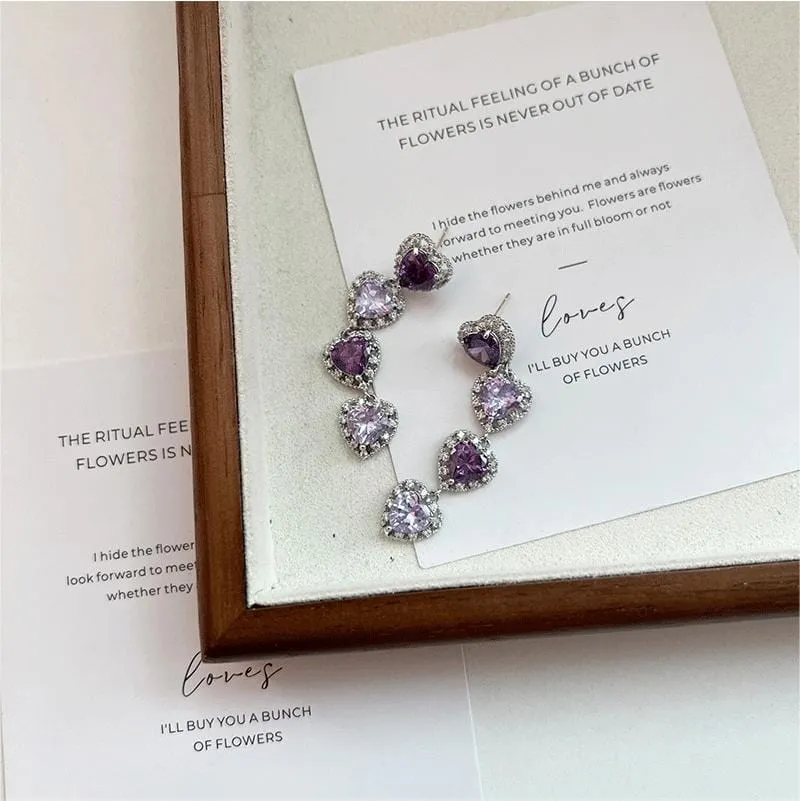 Chic CZ Inlaid Purple Crystal Heart Dangle Earrings