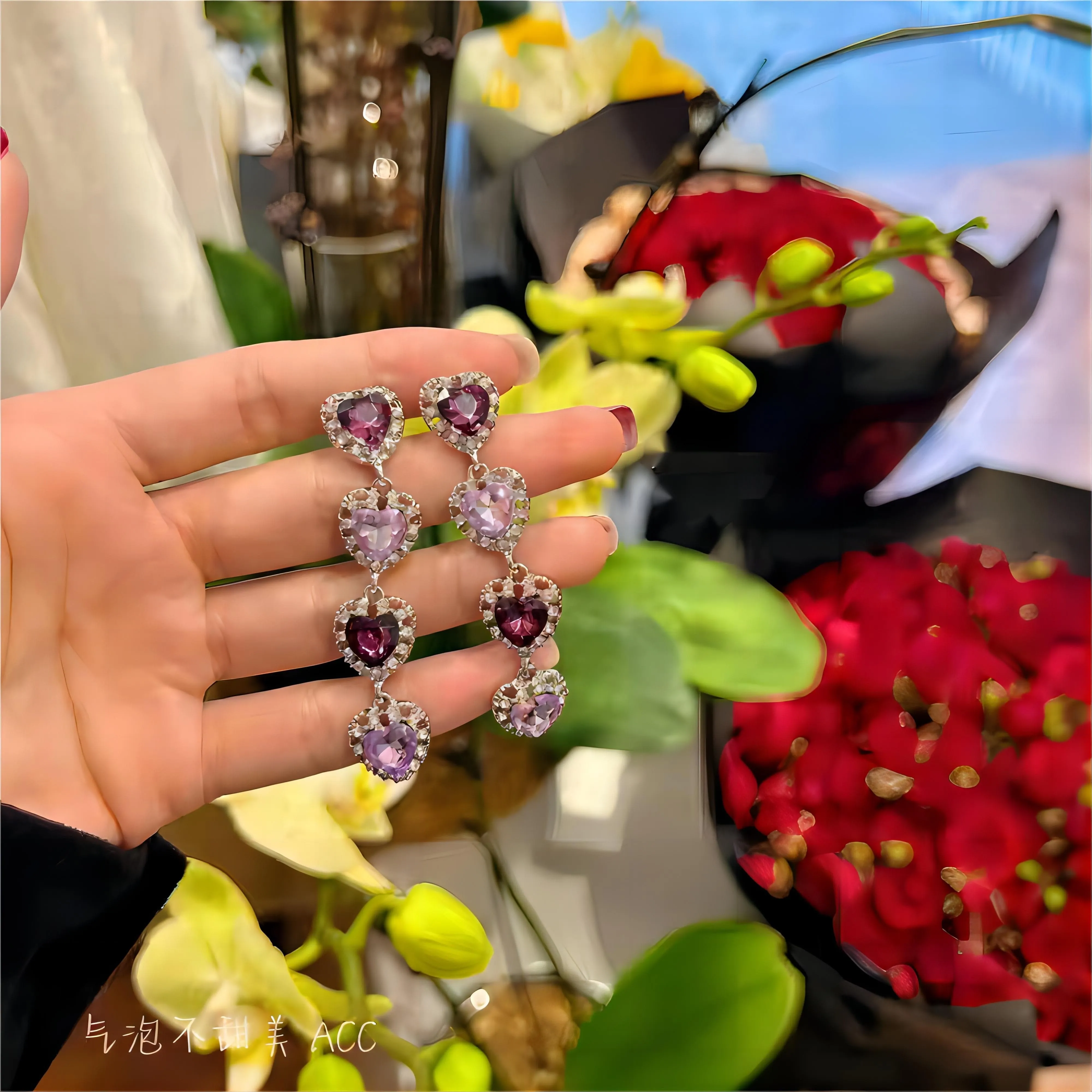 Chic CZ Inlaid Purple Crystal Heart Dangle Earrings