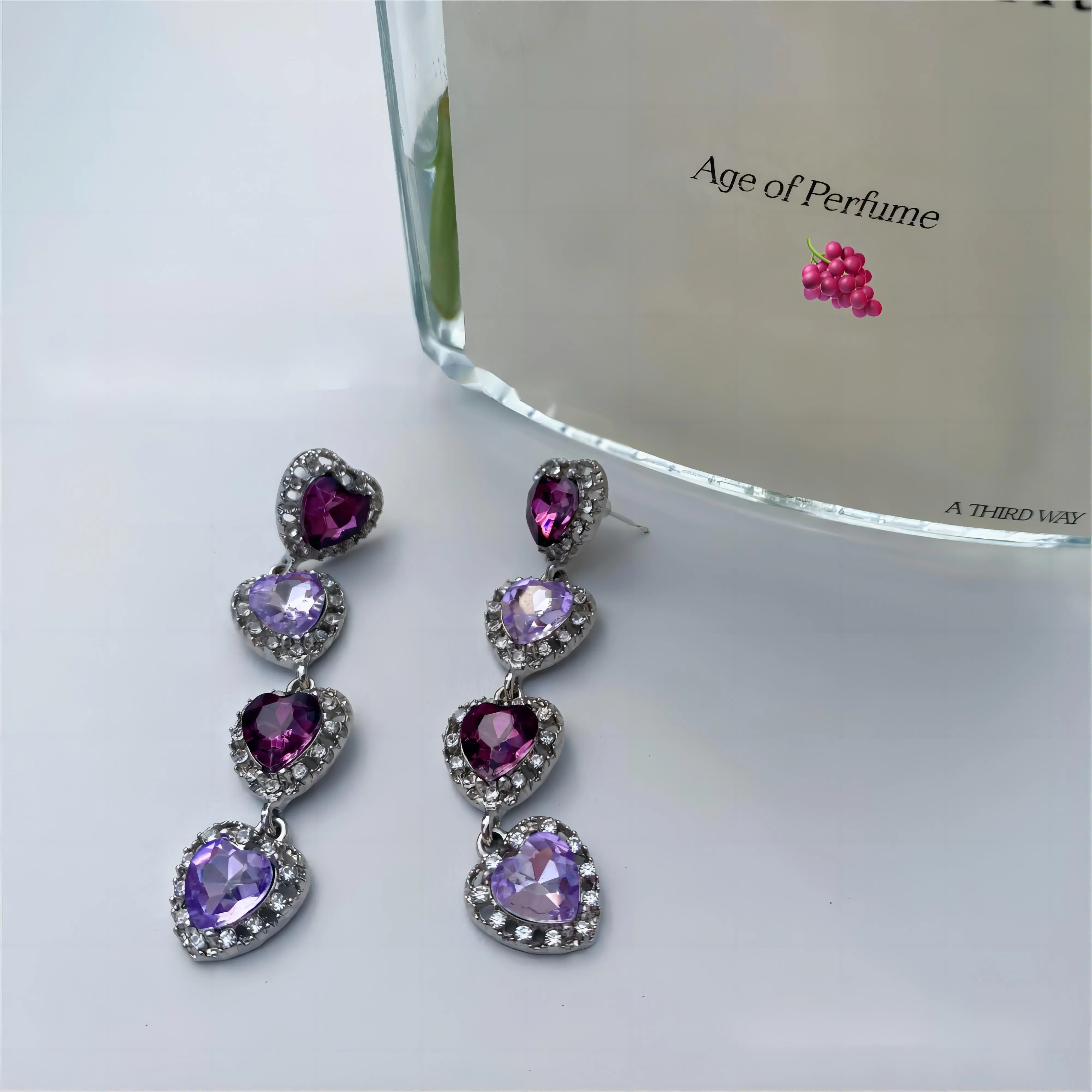 Chic CZ Inlaid Purple Crystal Heart Dangle Earrings