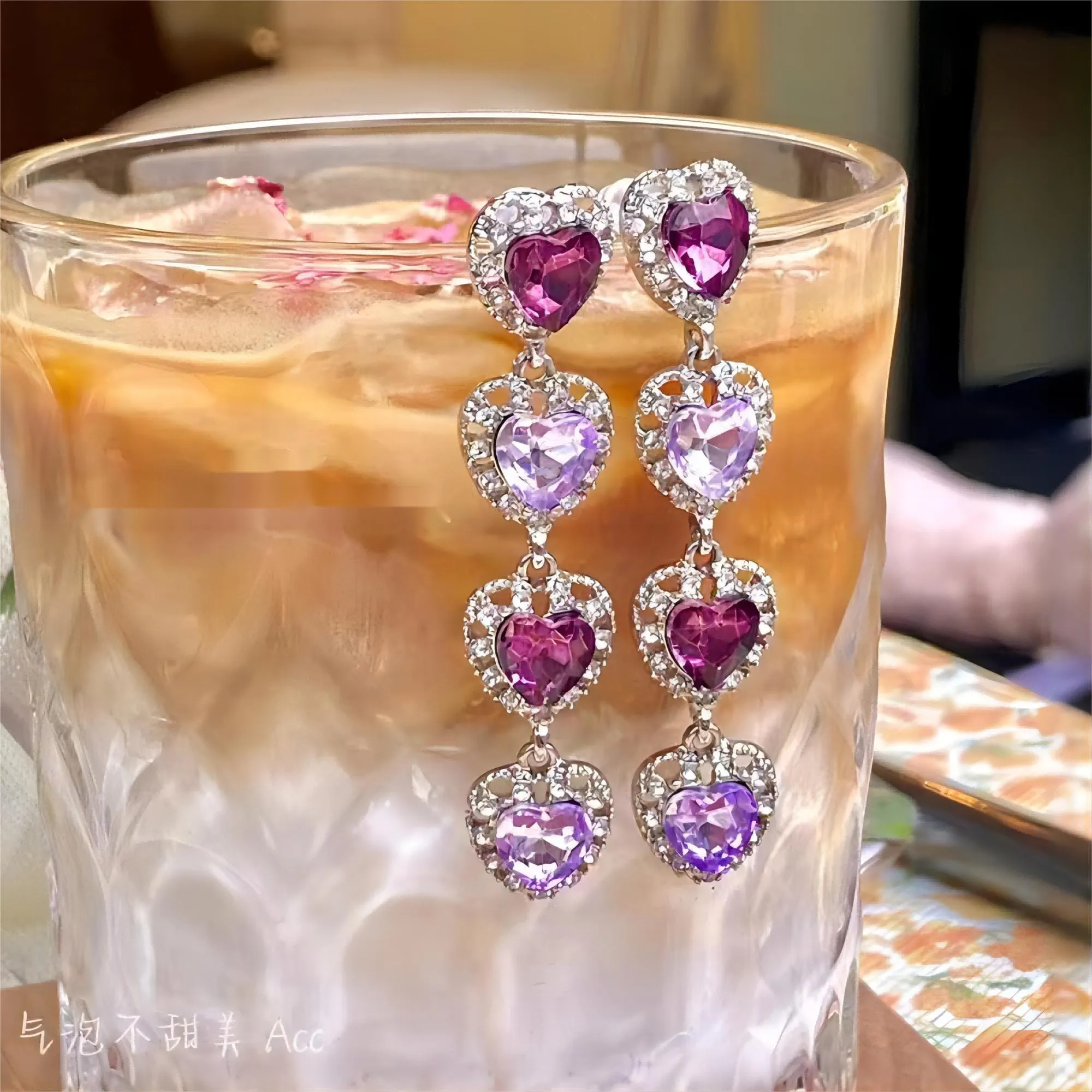 Chic CZ Inlaid Purple Crystal Heart Dangle Earrings