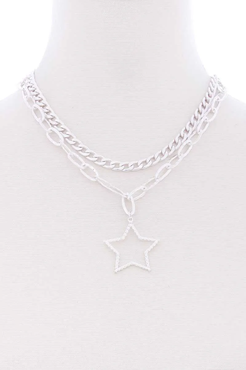Chunky 2 Layered Chain Star Pendant Metal Necklace