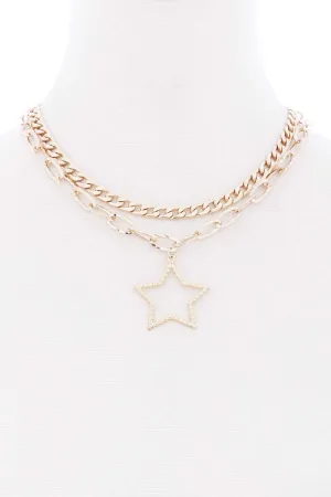 Chunky 2 Layered Chain Star Pendant Metal Necklace