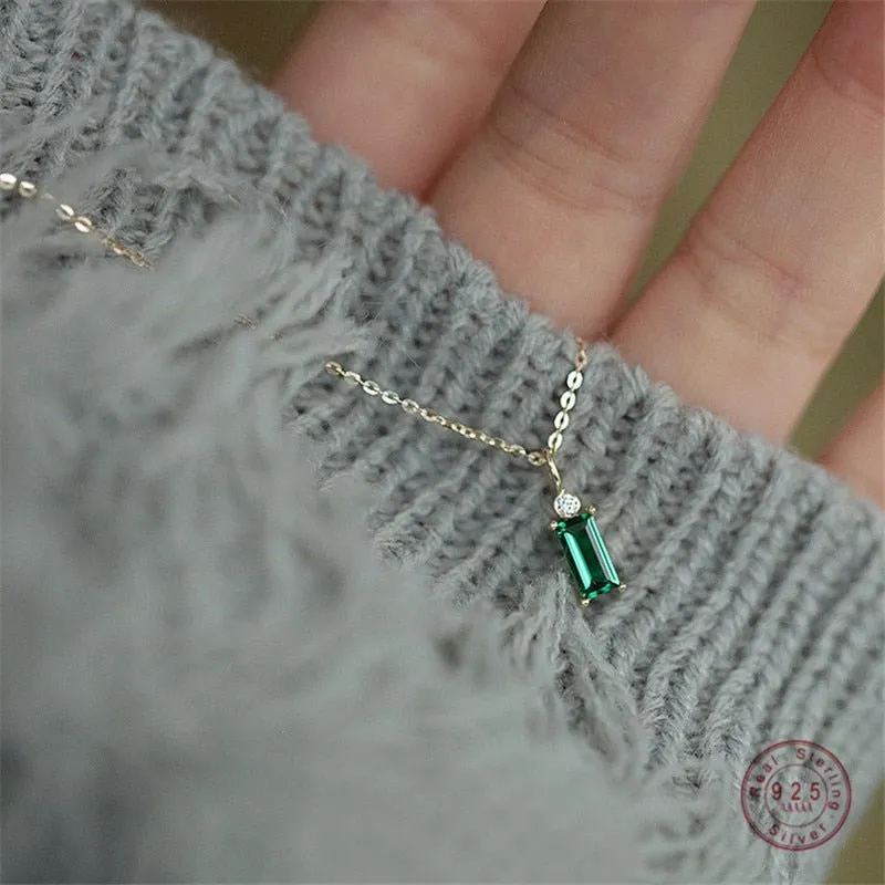Classic Green Square Pendant Necklace Silver Chain Women Jewelry