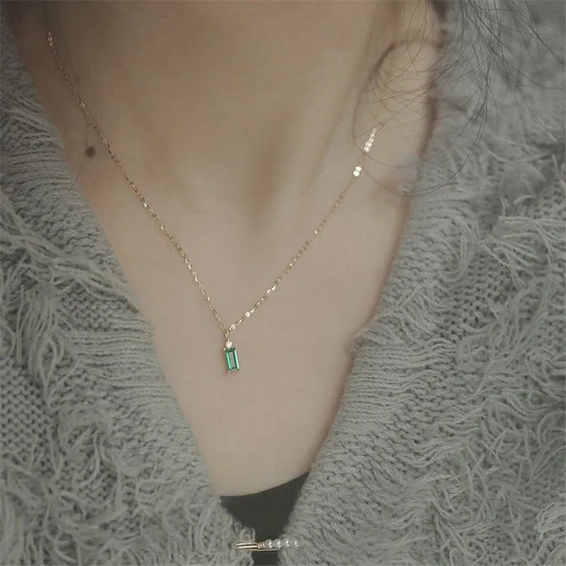 Classic Green Square Pendant Necklace Silver Chain Women Jewelry