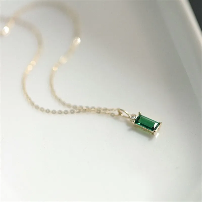 Classic Green Square Pendant Necklace Silver Chain Women Jewelry