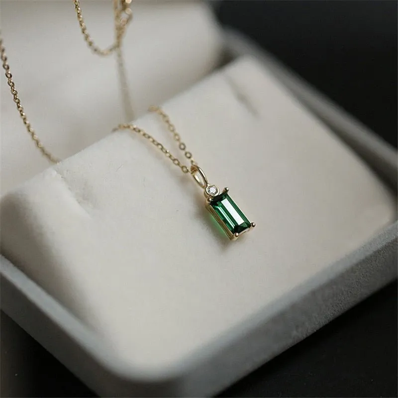 Classic Green Square Pendant Necklace Silver Chain Women Jewelry
