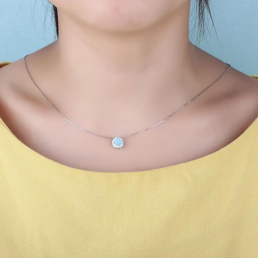 Classic Round Blue Opal Stone Pendant Necklace For Women