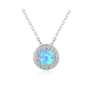 Classic Round Blue Opal Stone Pendant Necklace For Women