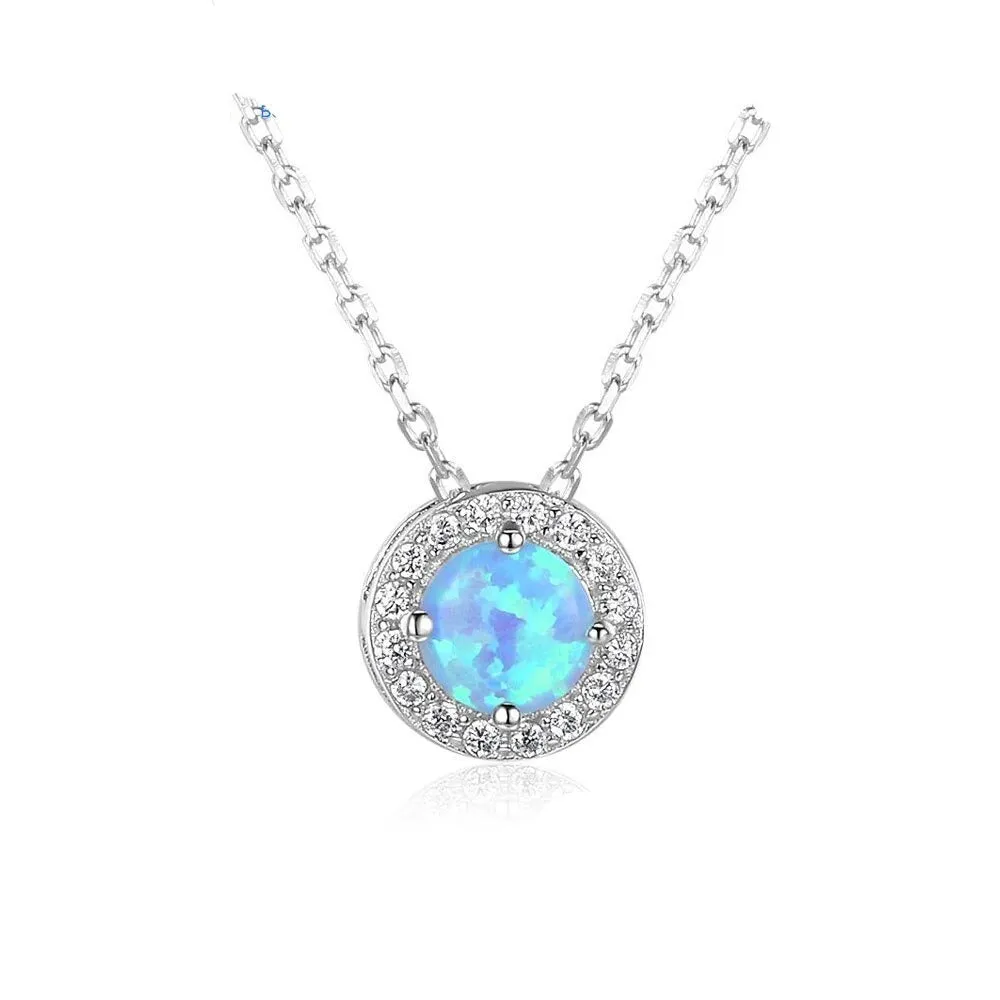 Classic Round Blue Opal Stone Pendant Necklace For Women