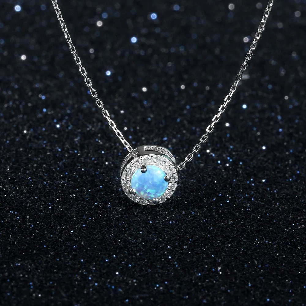 Classic Round Blue Opal Stone Pendant Necklace For Women