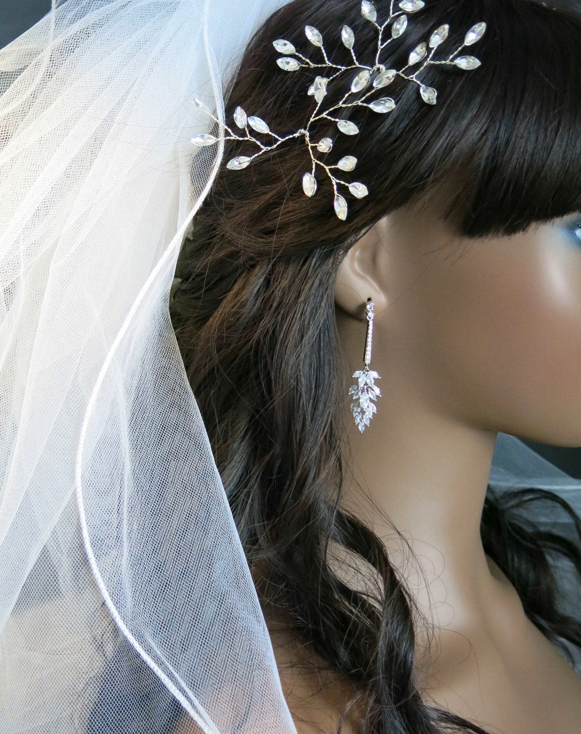 Crystal Cluster Dangle Earrings, Bridal 14K White Gold Plated Stud Earrings, Wedding Crystal Earrings