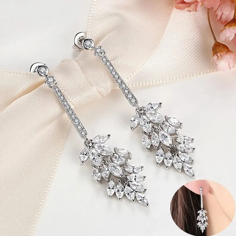 Crystal Cluster Dangle Earrings, Bridal 14K White Gold Plated Stud Earrings, Wedding Crystal Earrings