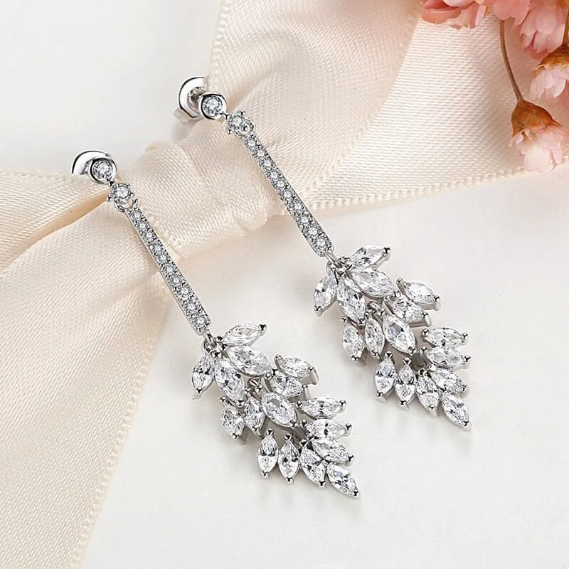Crystal Cluster Dangle Earrings, Bridal 14K White Gold Plated Stud Earrings, Wedding Crystal Earrings