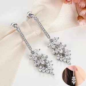 Crystal Cluster Dangle Earrings, Bridal 14K White Gold Plated Stud Earrings, Wedding Crystal Earrings