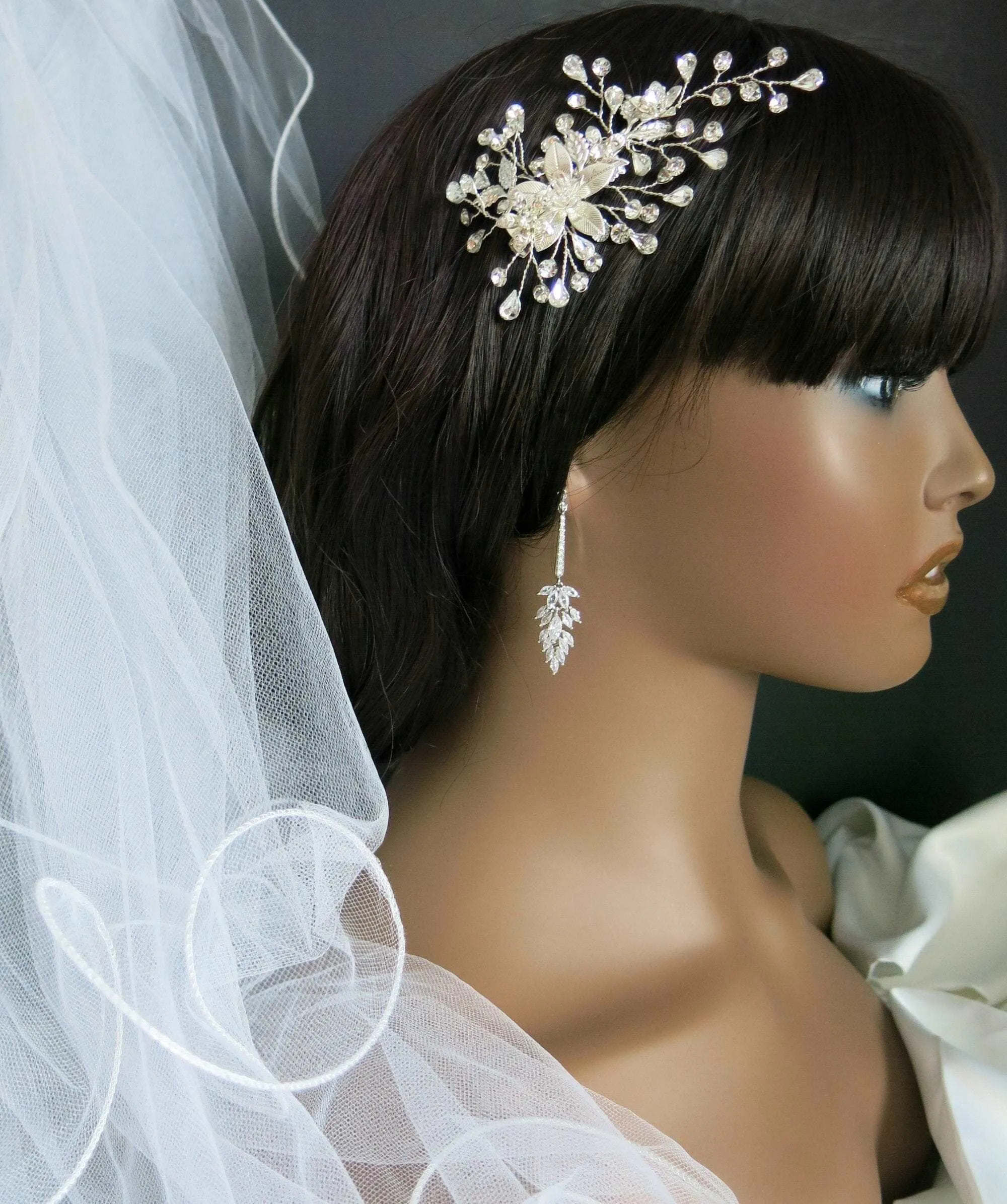 Crystal Cluster Dangle Earrings, Bridal 14K White Gold Plated Stud Earrings, Wedding Crystal Earrings