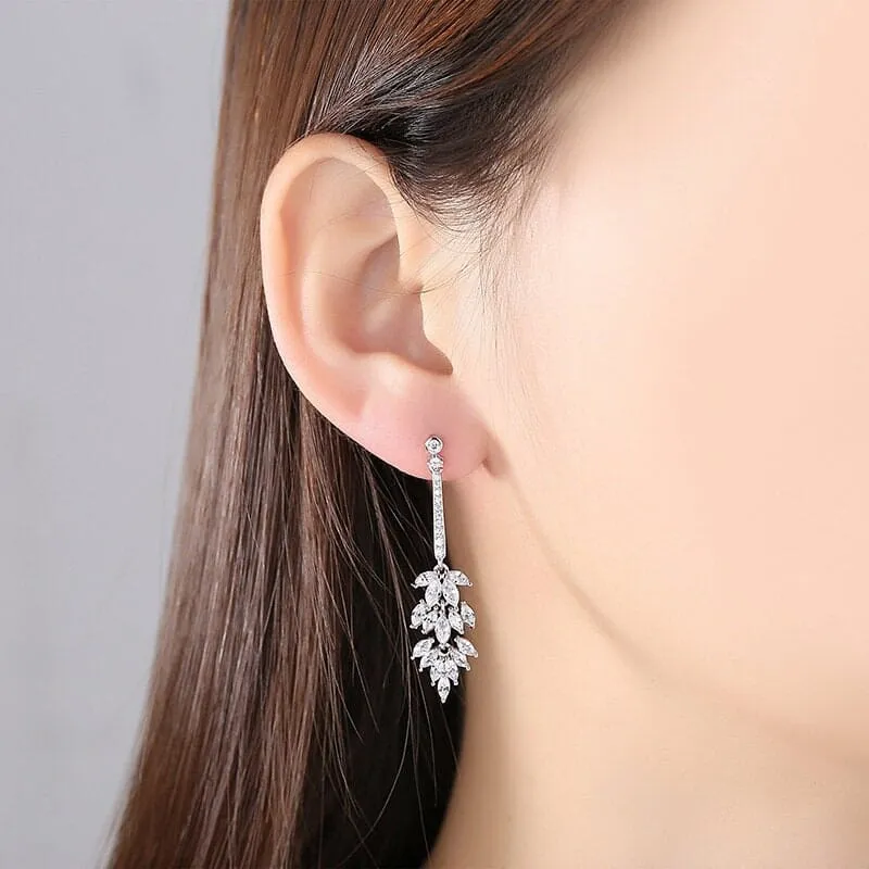 Crystal Cluster Dangle Earrings, Bridal 14K White Gold Plated Stud Earrings, Wedding Crystal Earrings