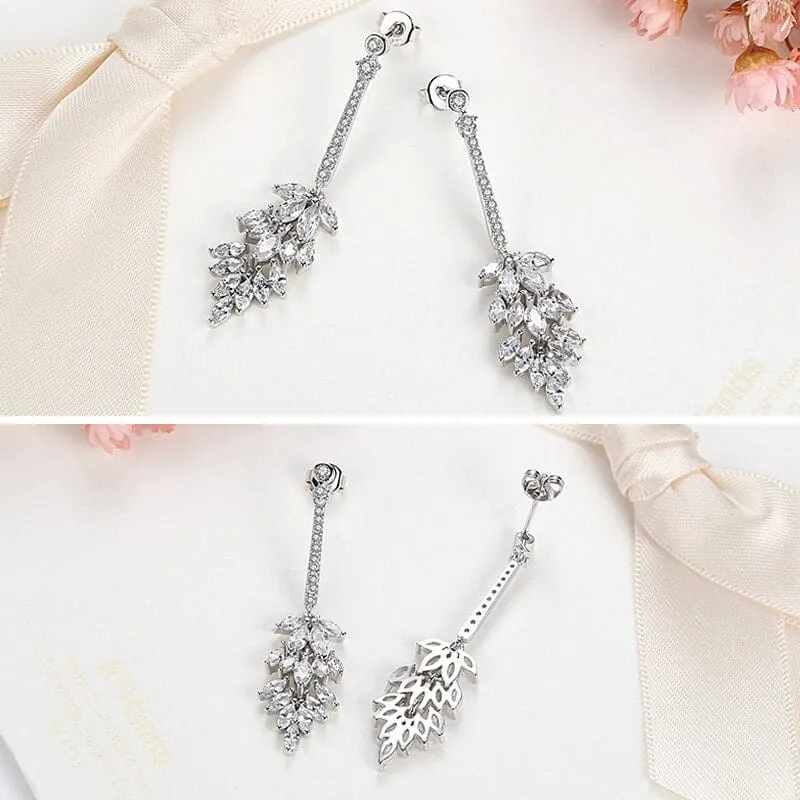 Crystal Cluster Dangle Earrings, Bridal 14K White Gold Plated Stud Earrings, Wedding Crystal Earrings