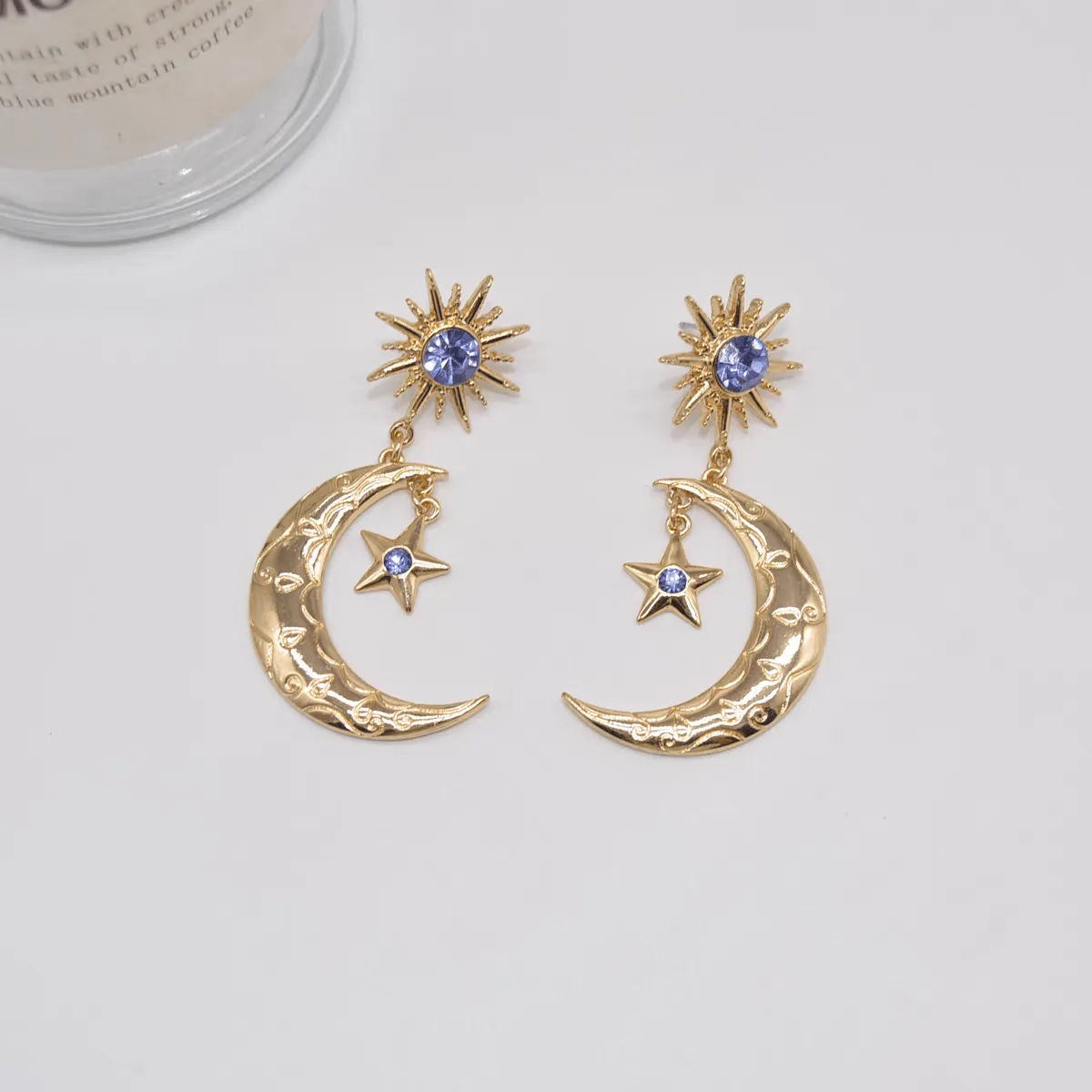 Crystal Inlaid Sun Star Moon Phase Dangle Earrings