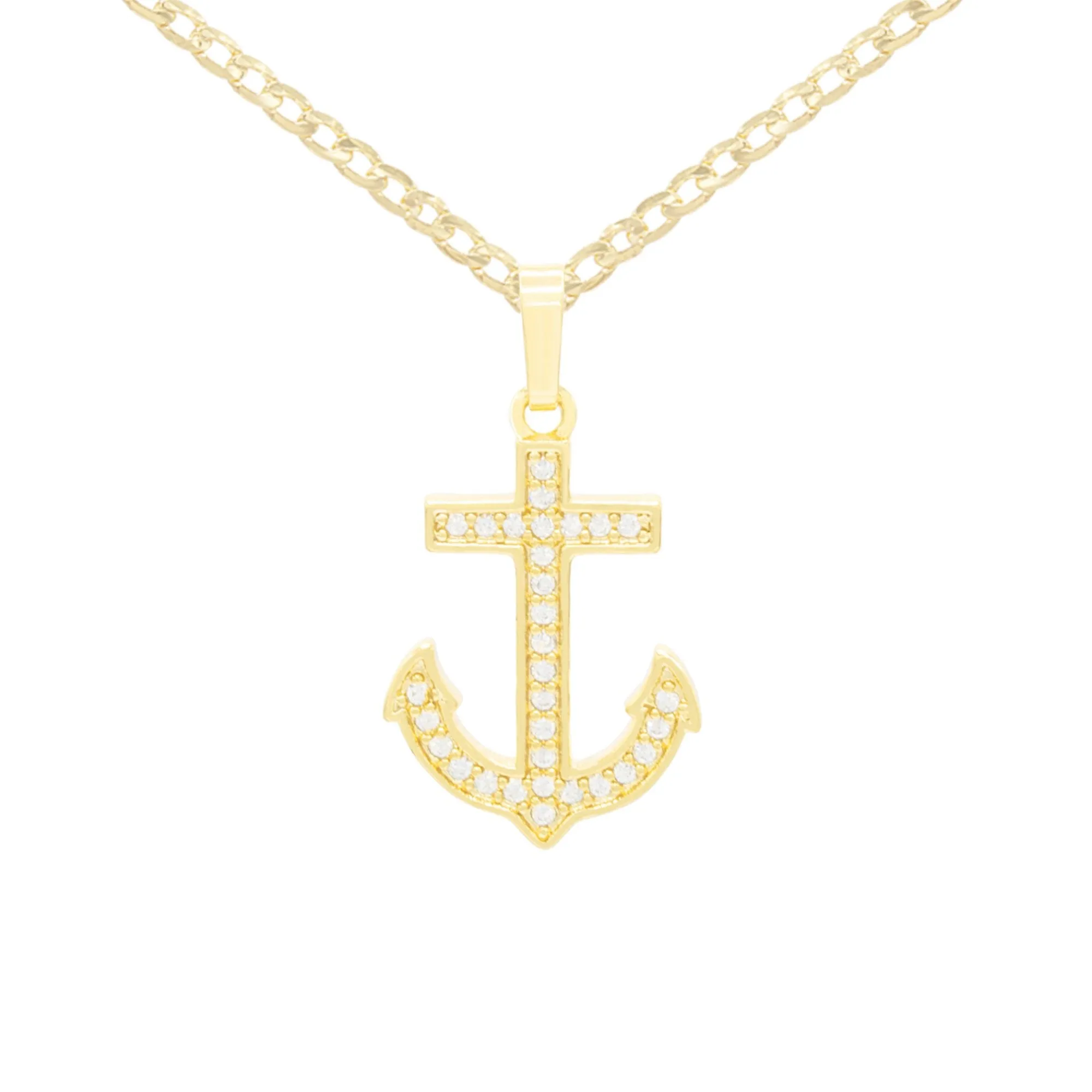 Cubic Zirconia Devil Anchor Cross Pendant 14K Gold Filled Necklace Set