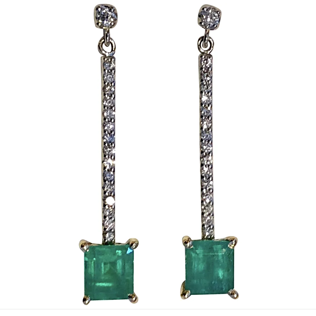 Dangle Colombian Emerald Diamond Earrings Platinum & 18K