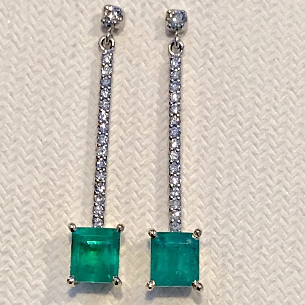 Dangle Colombian Emerald Diamond Earrings Platinum & 18K