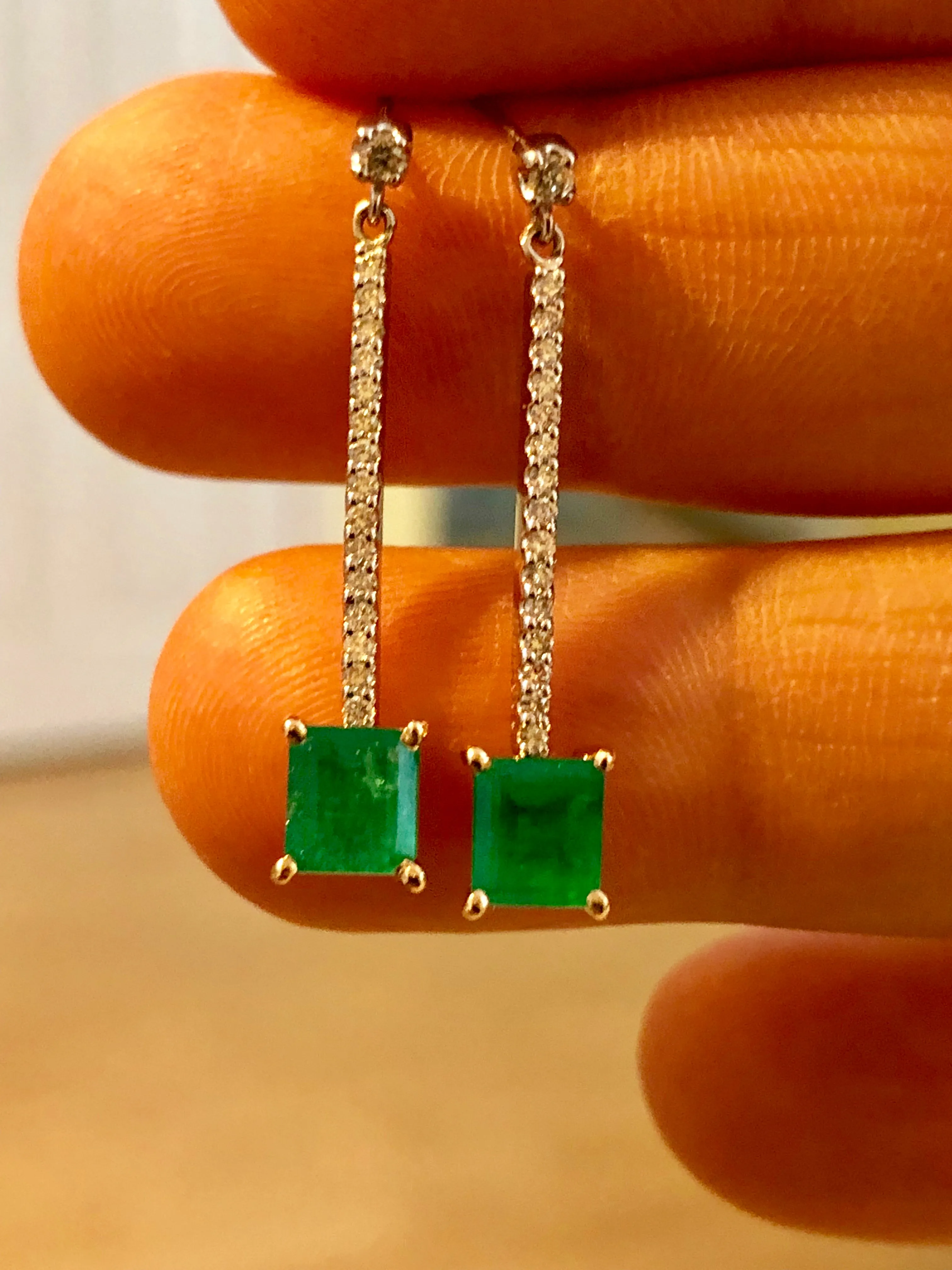 Dangle Colombian Emerald Diamond Earrings Platinum & 18K