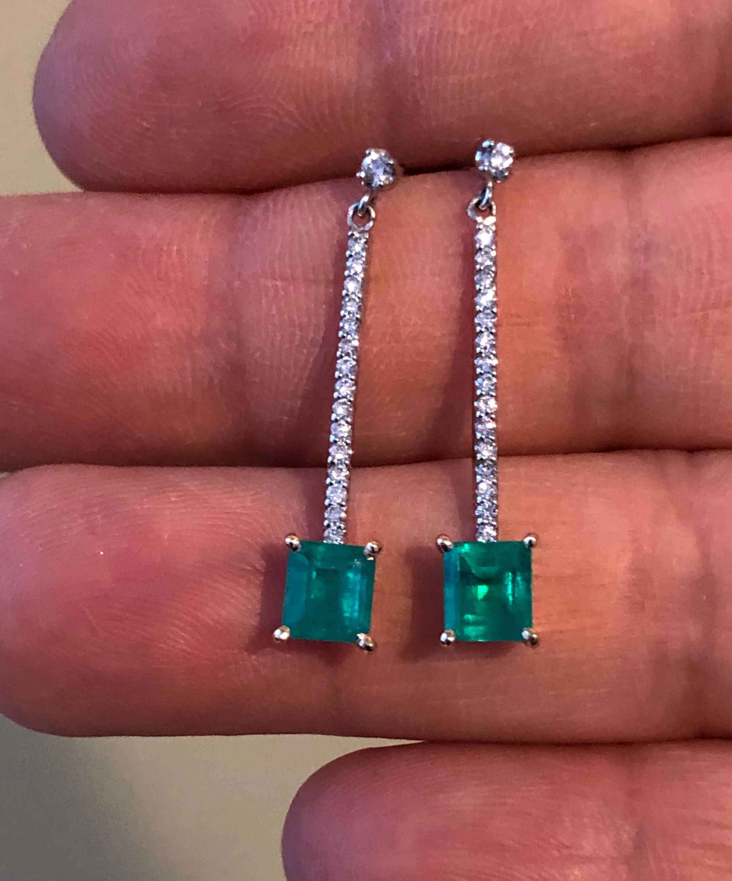 Dangle Colombian Emerald Diamond Earrings Platinum & 18K