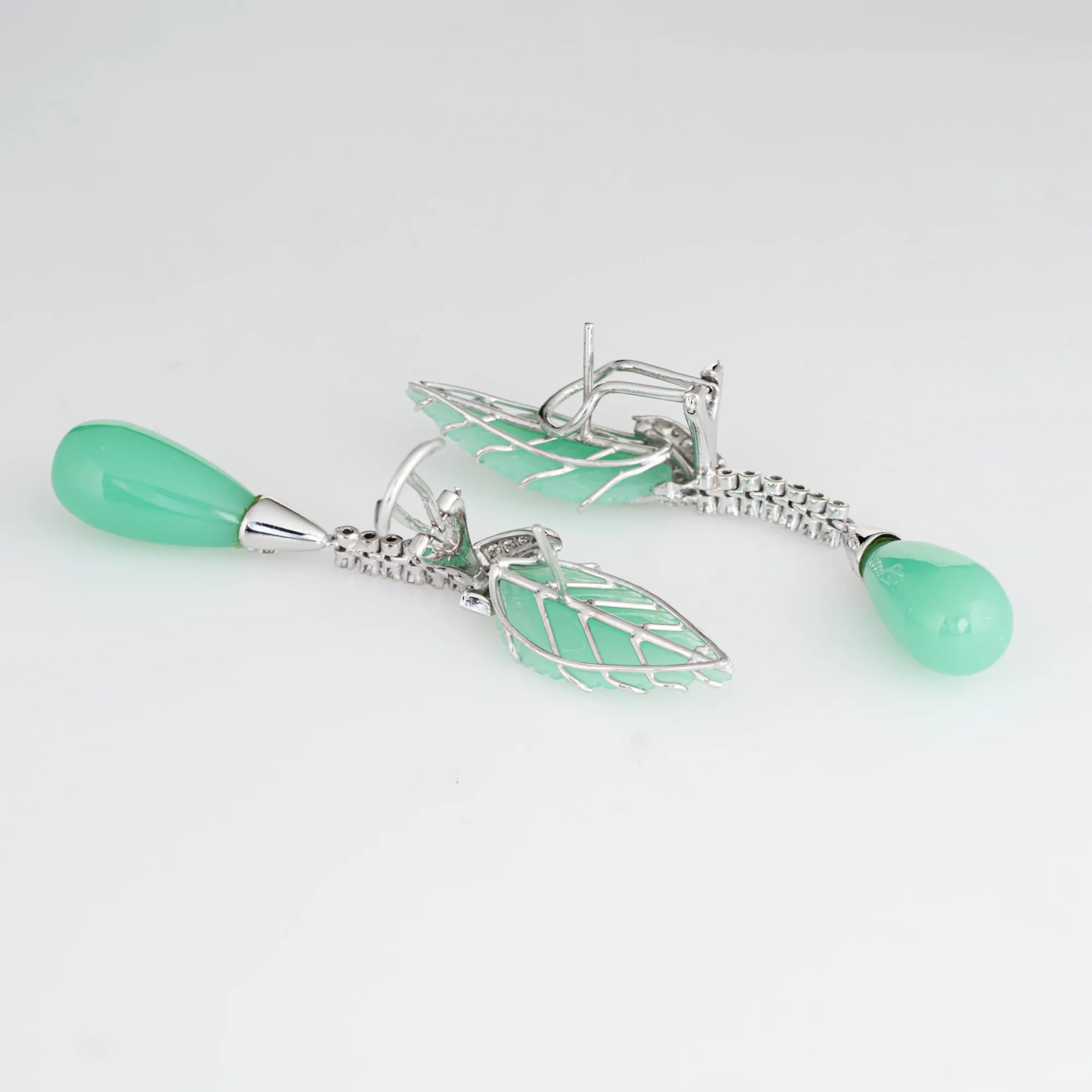 Diamond Chrysoprase Earrings Leaf Drop 14k White Gold Estate Vintage Jewelry