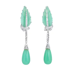Diamond Chrysoprase Earrings Leaf Drop 14k White Gold Estate Vintage Jewelry