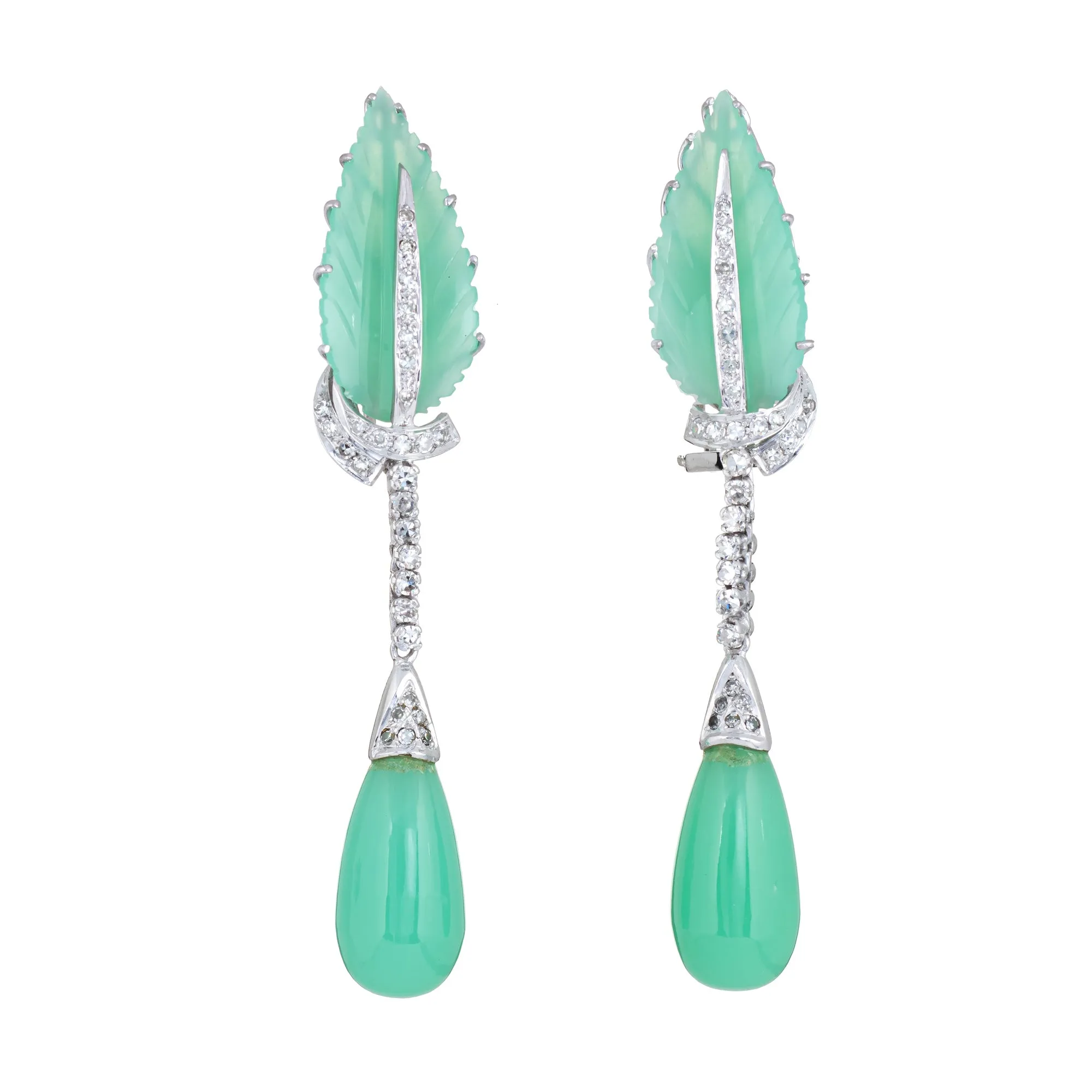 Diamond Chrysoprase Earrings Leaf Drop 14k White Gold Estate Vintage Jewelry