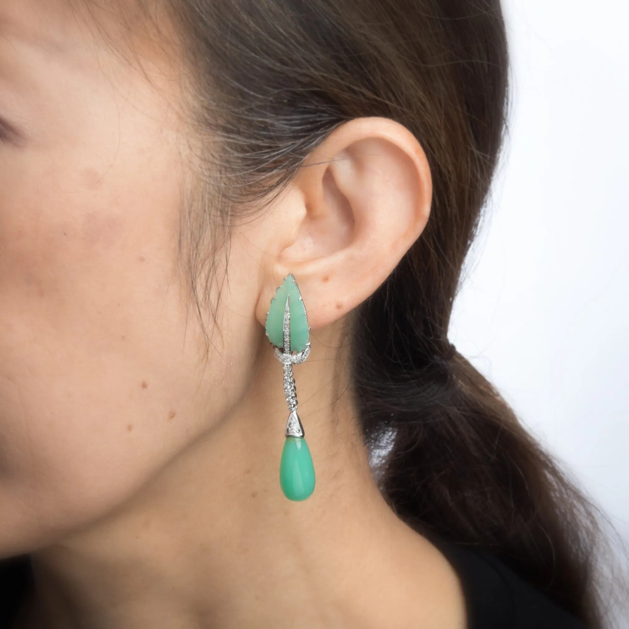 Diamond Chrysoprase Earrings Leaf Drop 14k White Gold Estate Vintage Jewelry