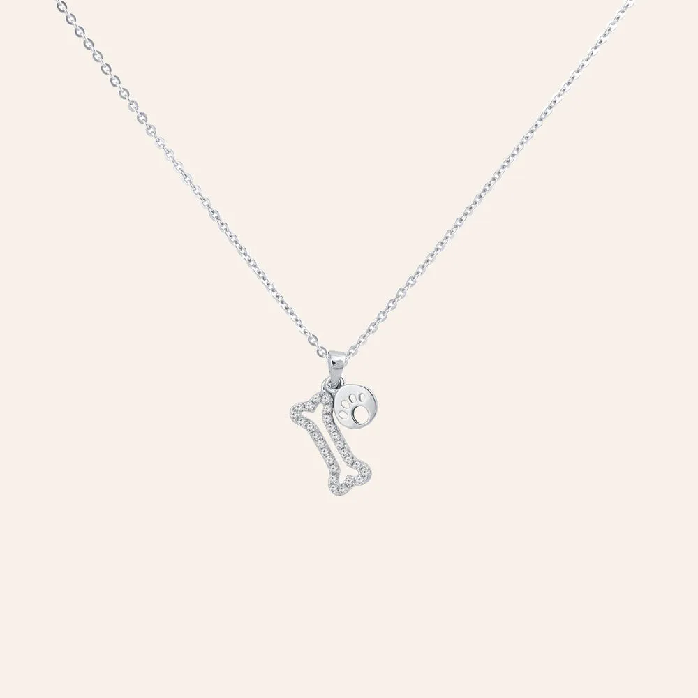 Dog  Bone Pave Prong-set CZ's Sterling Silver Pendant Necklace