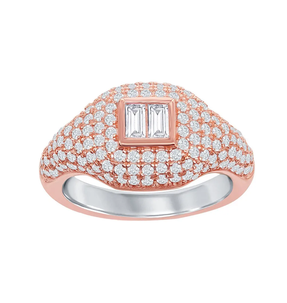 Double Baguette Pave Diamond Signet Ring