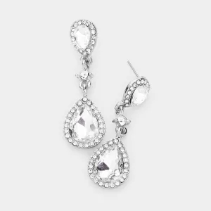 Double Clear Teardrop Stone Dangle Pageant Earrings on Silver | Drop Earrings |  478441