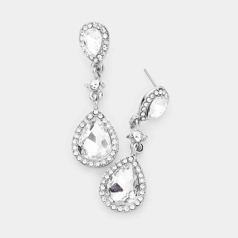Double Clear Teardrop Stone Dangle Pageant Earrings on Silver | Drop Earrings |  478441