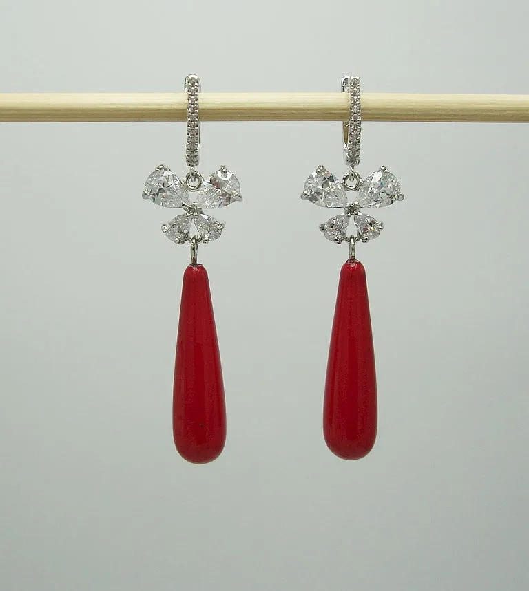 Earrings Red Shell Pearl Teardrop with Cubic Zirconia  Dangle Earrings.
