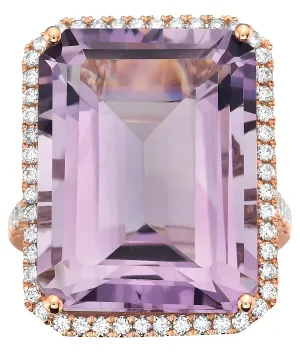 Emerald Cut Rose De France & Diamond Halo Cocktail Ring