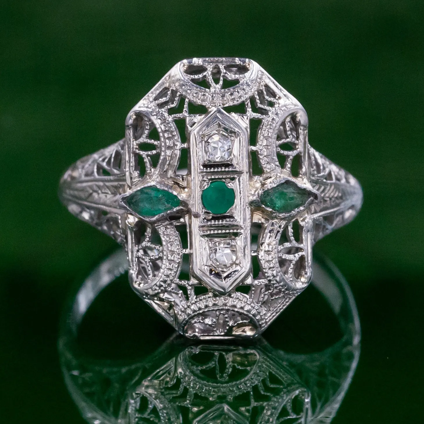 Filigree Dinner Ring with Glass Emeralds c1920
