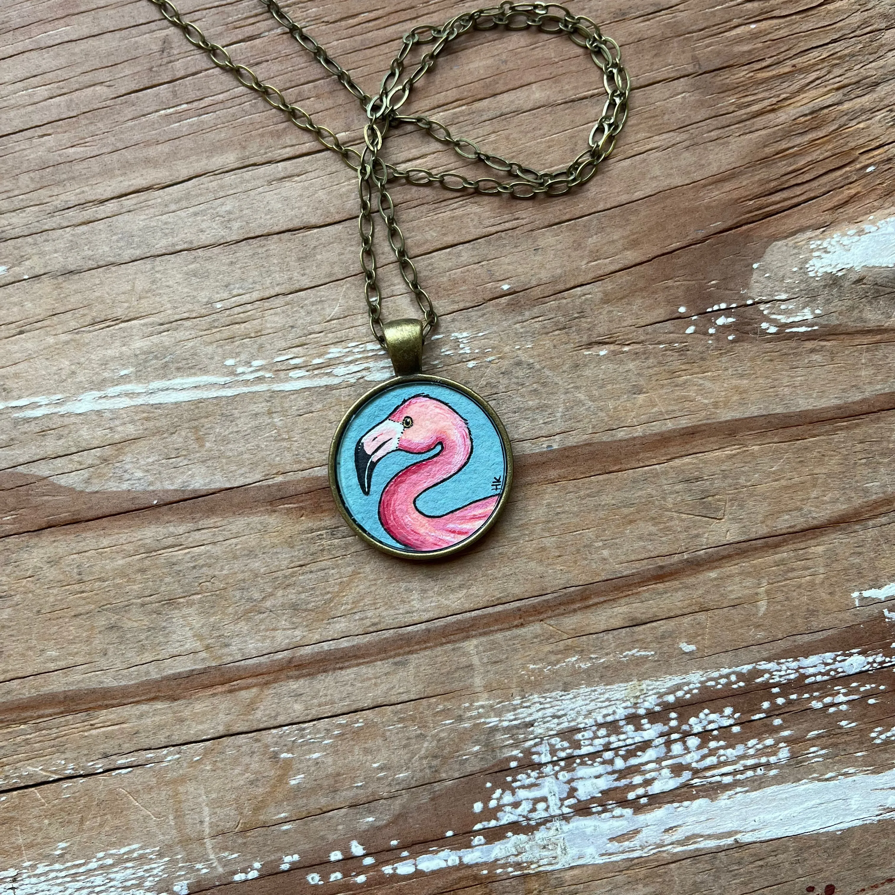Flamingo Art Pendant, Hand Painted Necklace, Pink Flamingo Gift