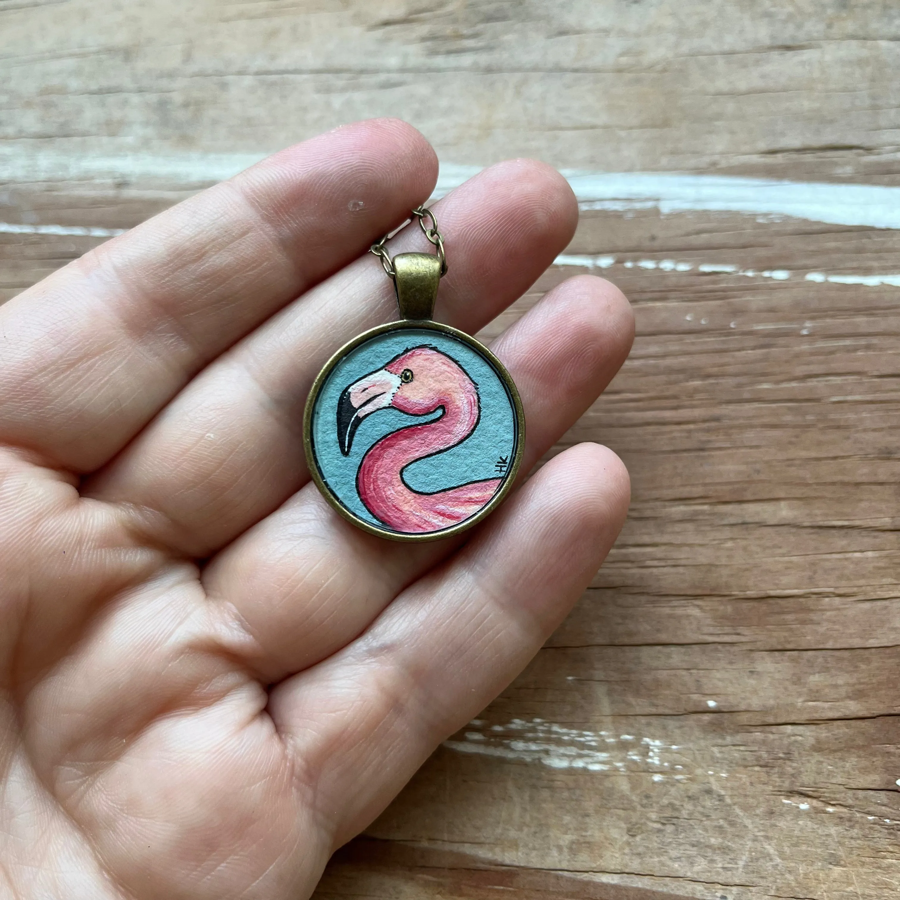 Flamingo Art Pendant, Hand Painted Necklace, Pink Flamingo Gift