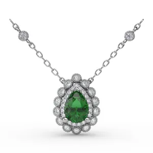 Floral Teardrop Emerald and Diamond Pendant