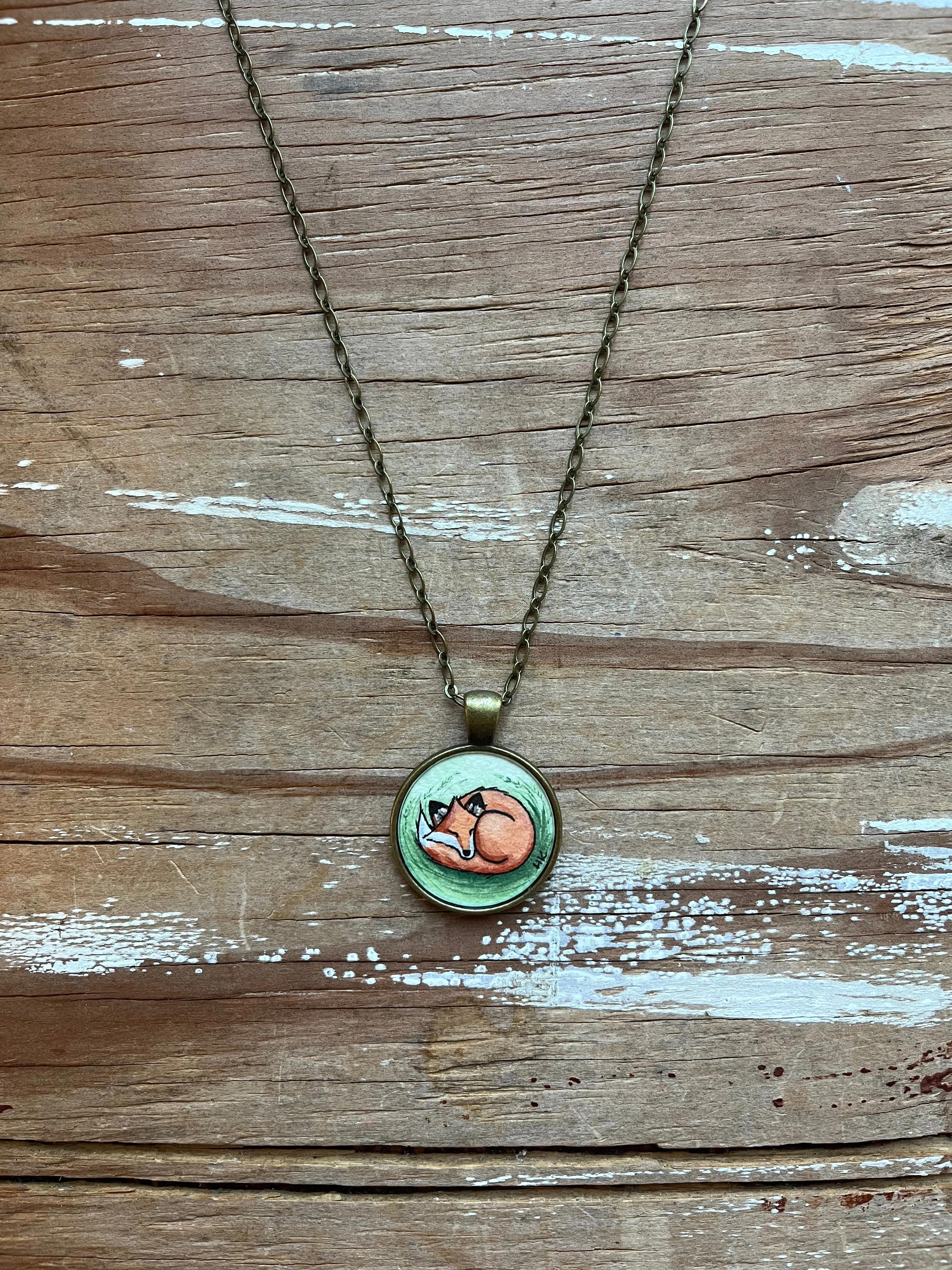 Fox Love Original Hand Painted Necklace, Cute Fox Illustration