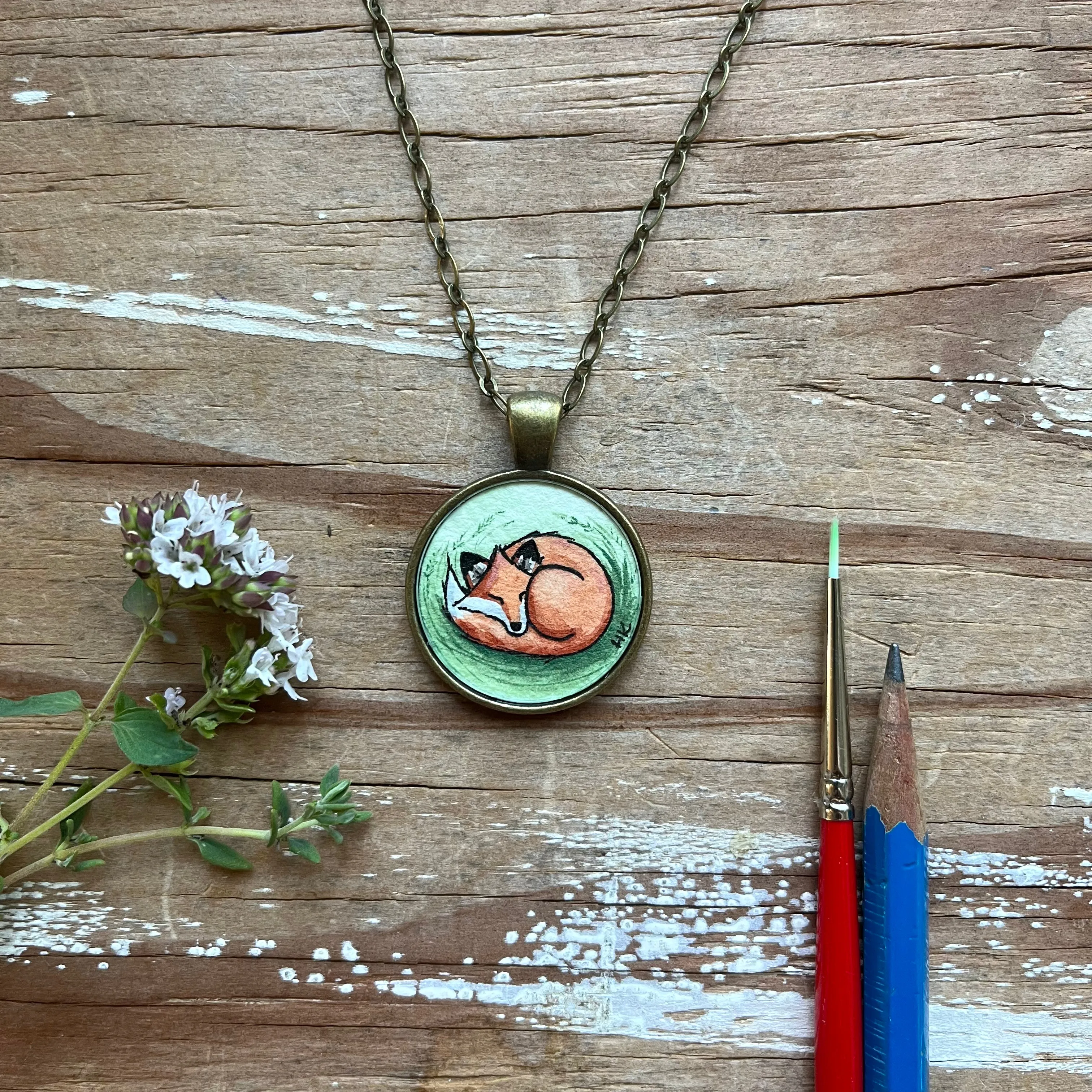 Fox Love Original Hand Painted Necklace, Cute Fox Illustration