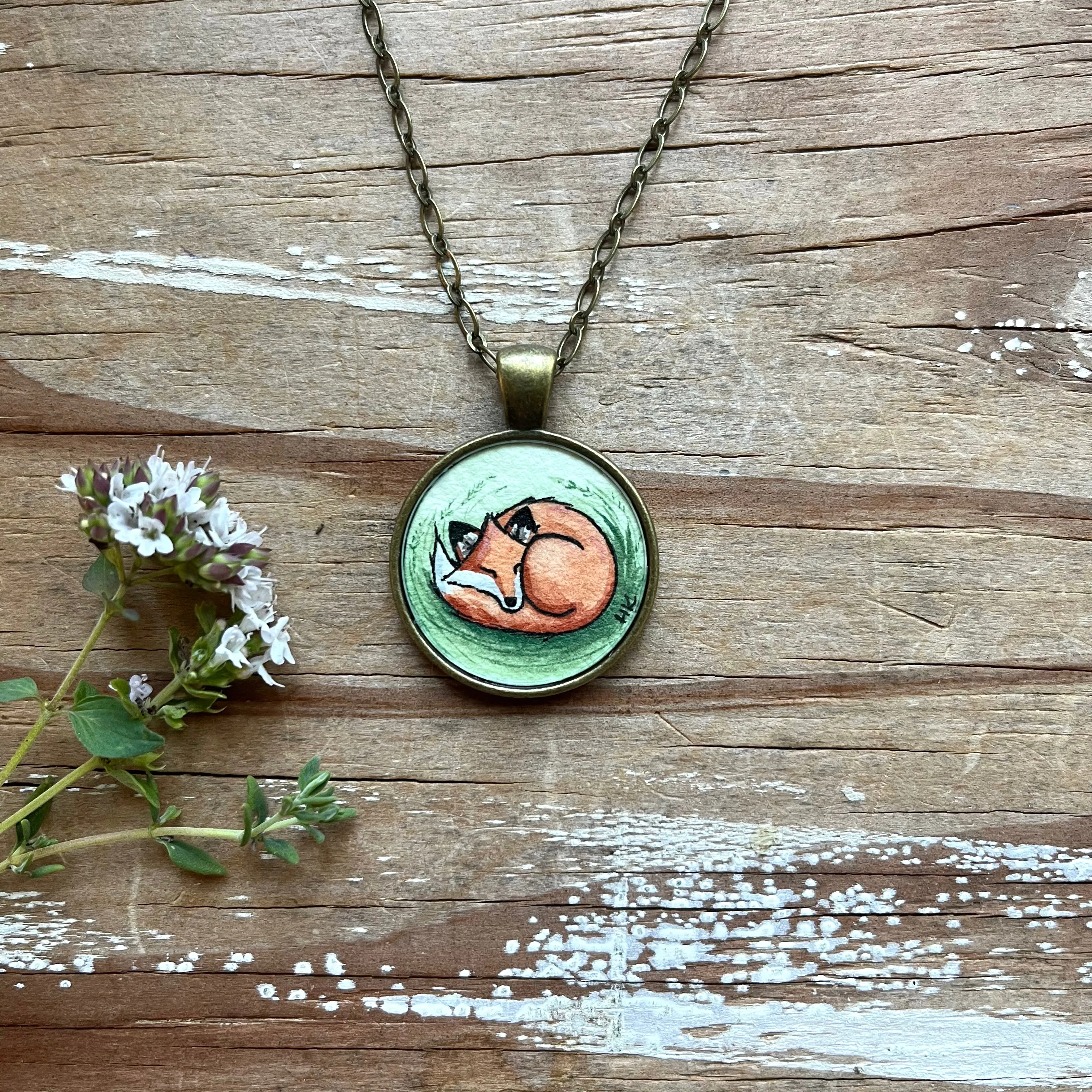 Fox Love Original Hand Painted Necklace, Cute Fox Illustration