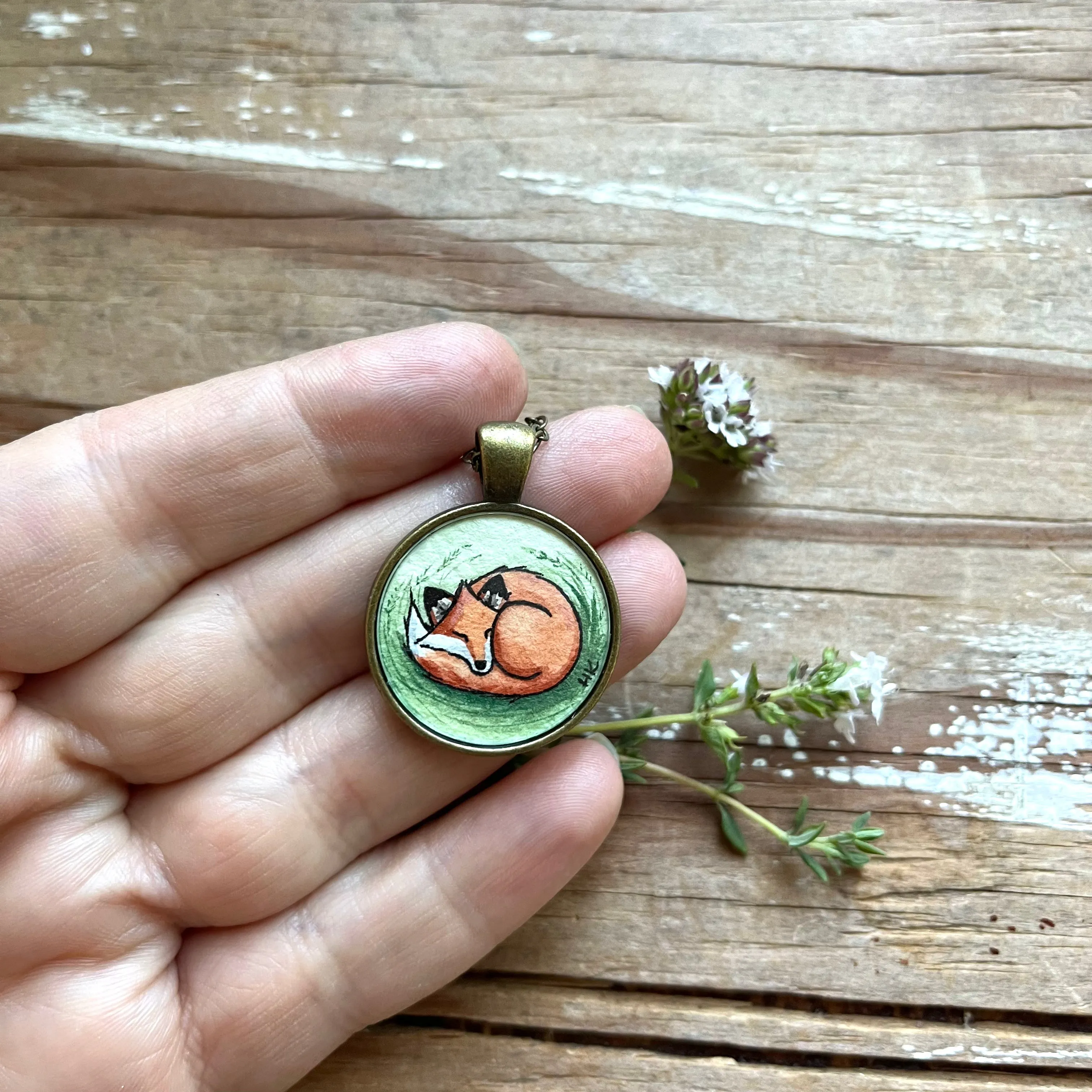 Fox Love Original Hand Painted Necklace, Cute Fox Illustration