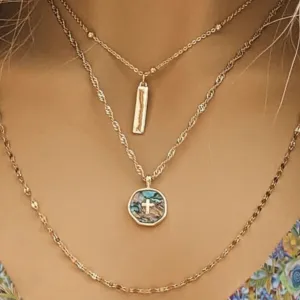 Gold Abalone Cross Bar/Dragonfly Layered Necklace Set